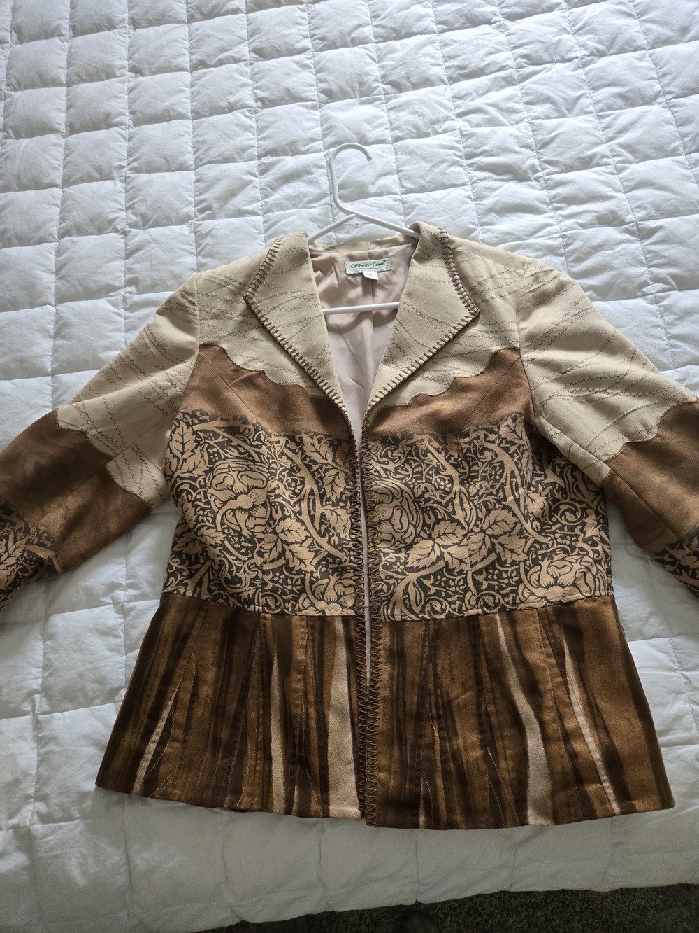 Cowboy Patterned Leather-Trim Jacket in Tan and Brown From Cold-water Creek